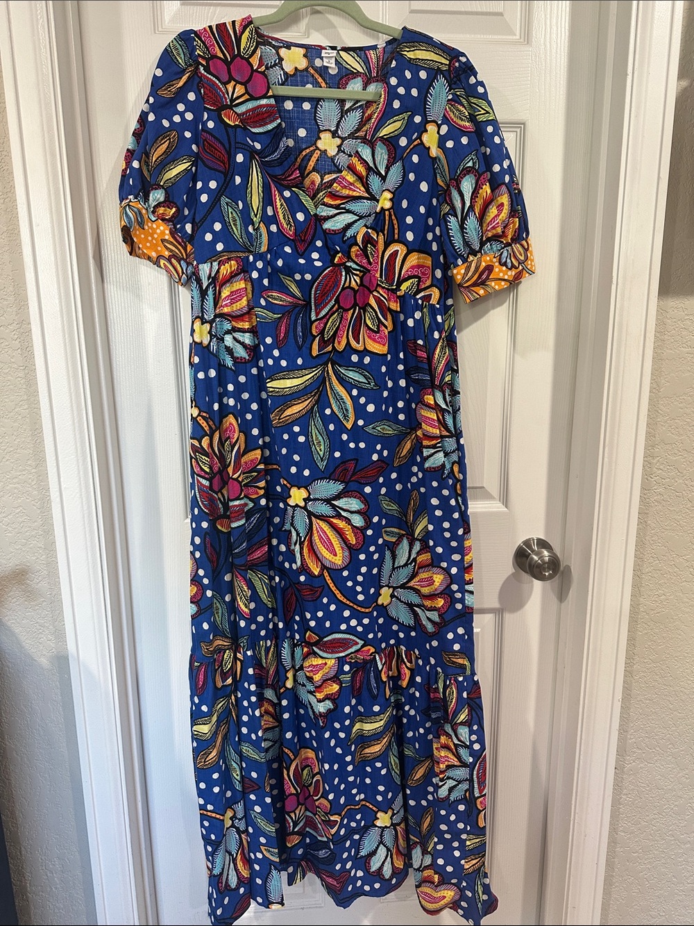 5 for $40. 
Bright Blue Floral Maxi Dress with Polka Accent